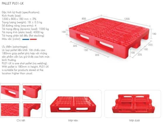 Pallet nhựa mới PL01LK 1200x800x180mm